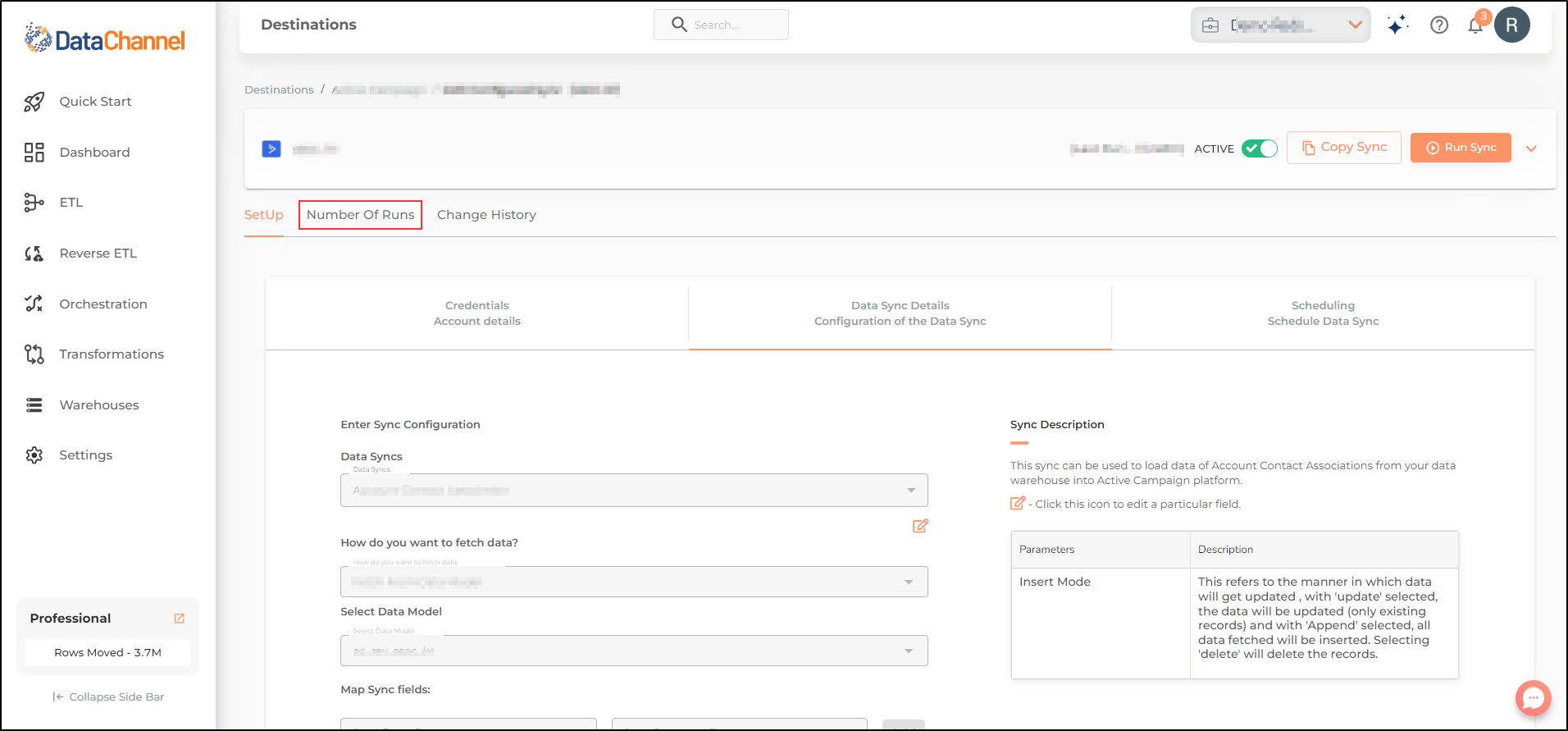 data destination configured syncs setup