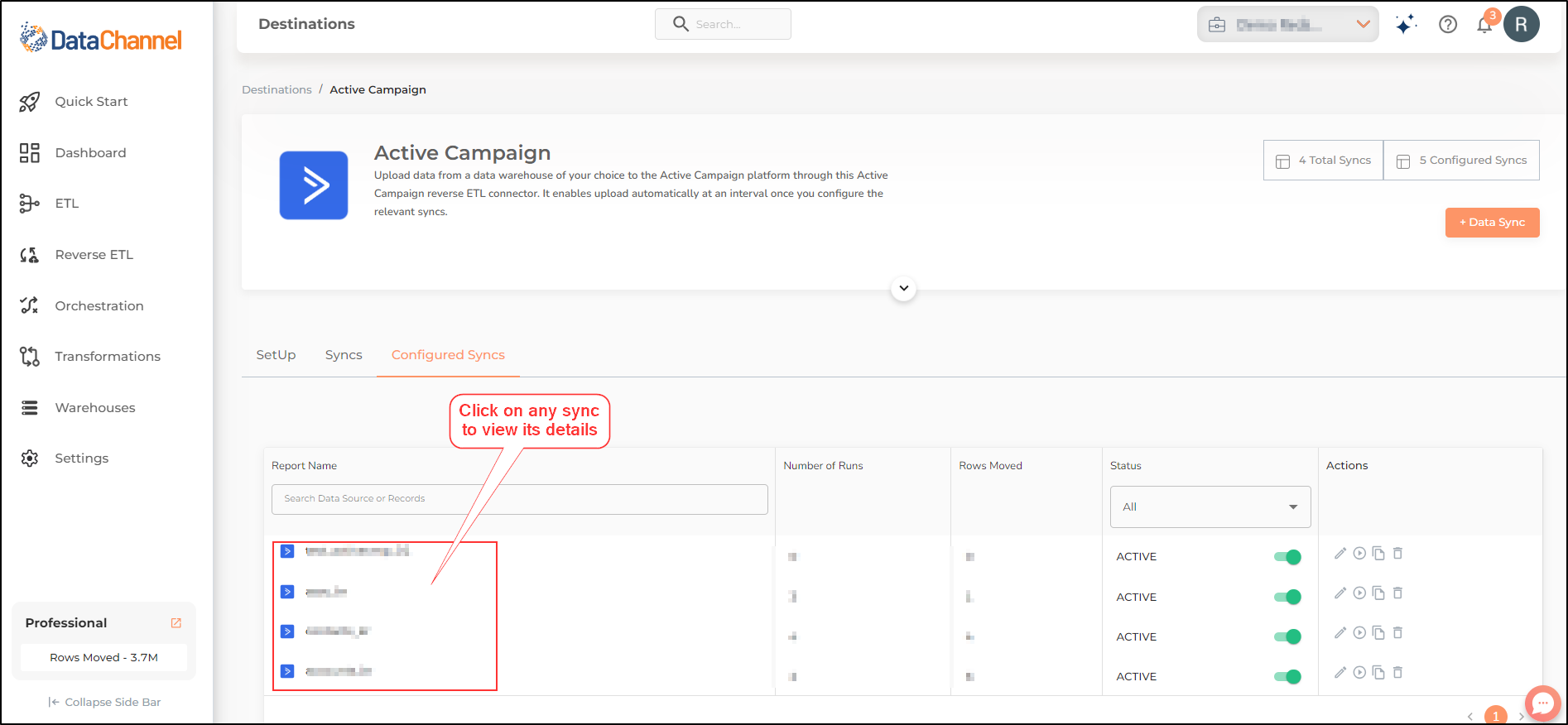 data destination configured syncs view details