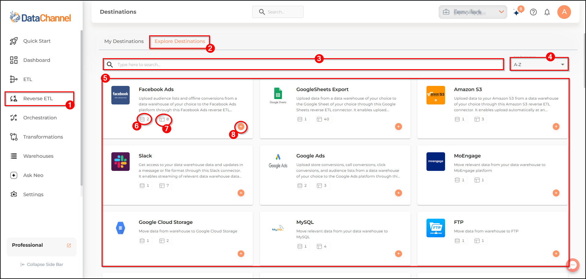 reverse etl explore destinations page