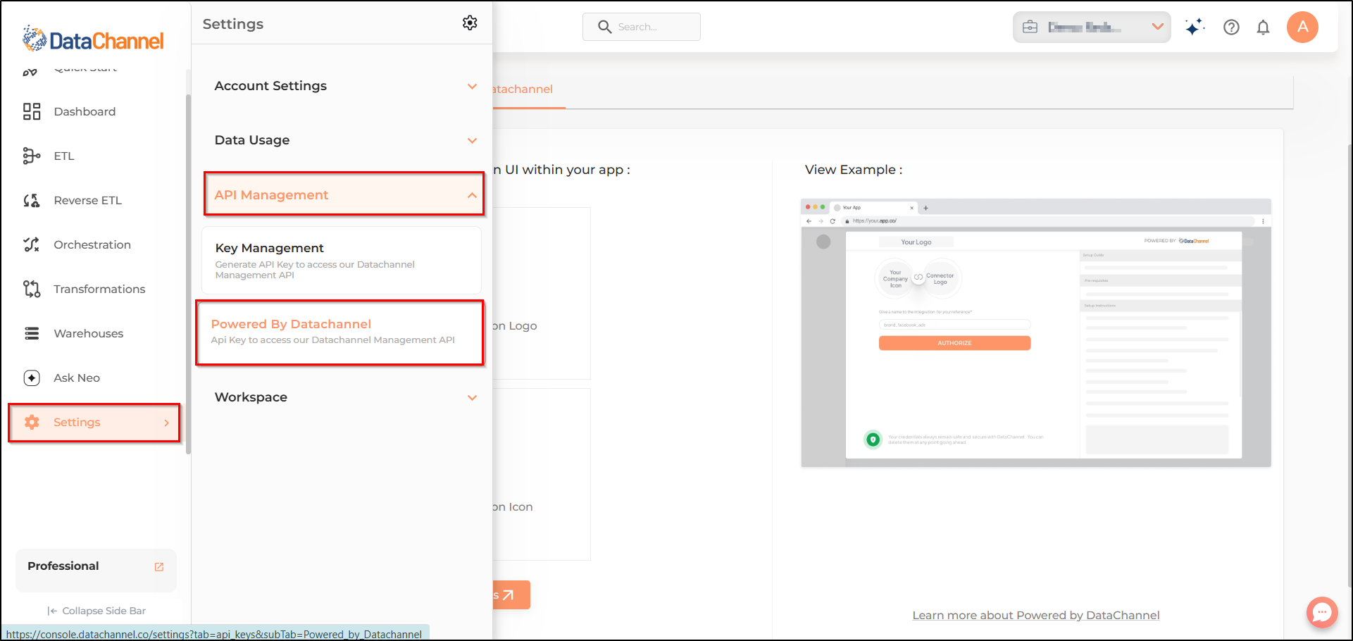 settings menu options datachannel authentication