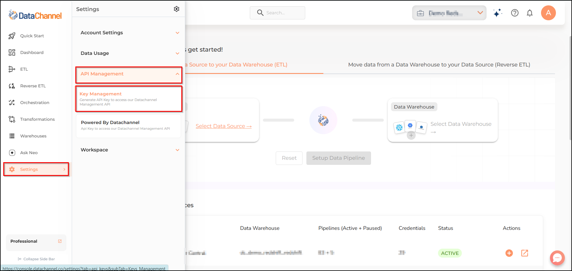 settings menu options key management