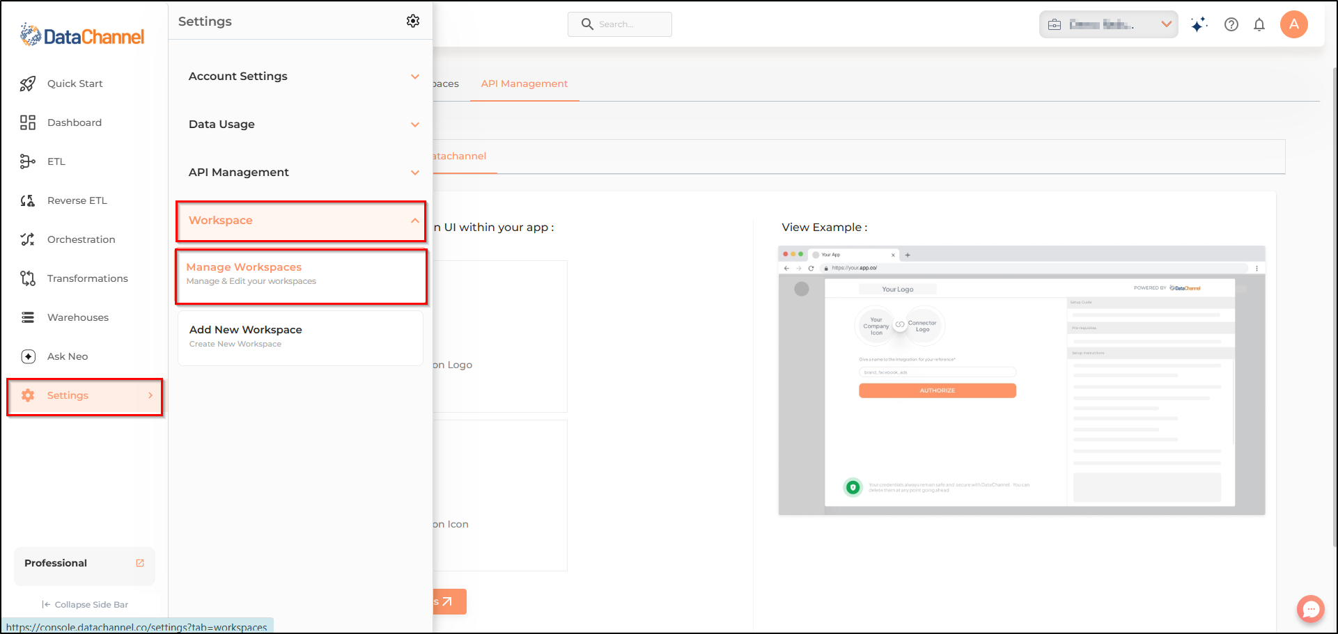 settings menu options manage workspace