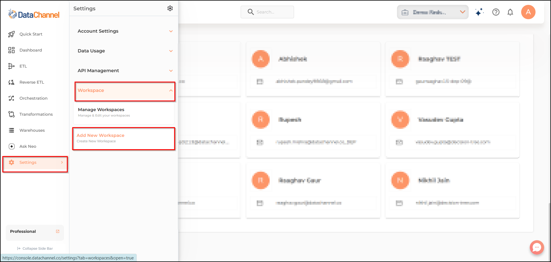 settings menu options new workspace