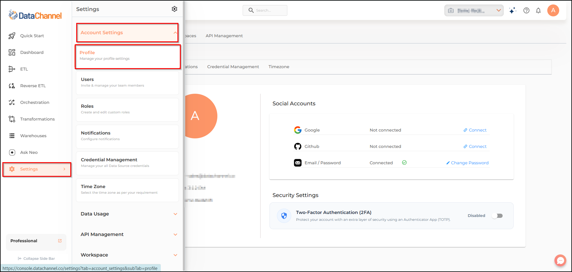 settings menu options profile