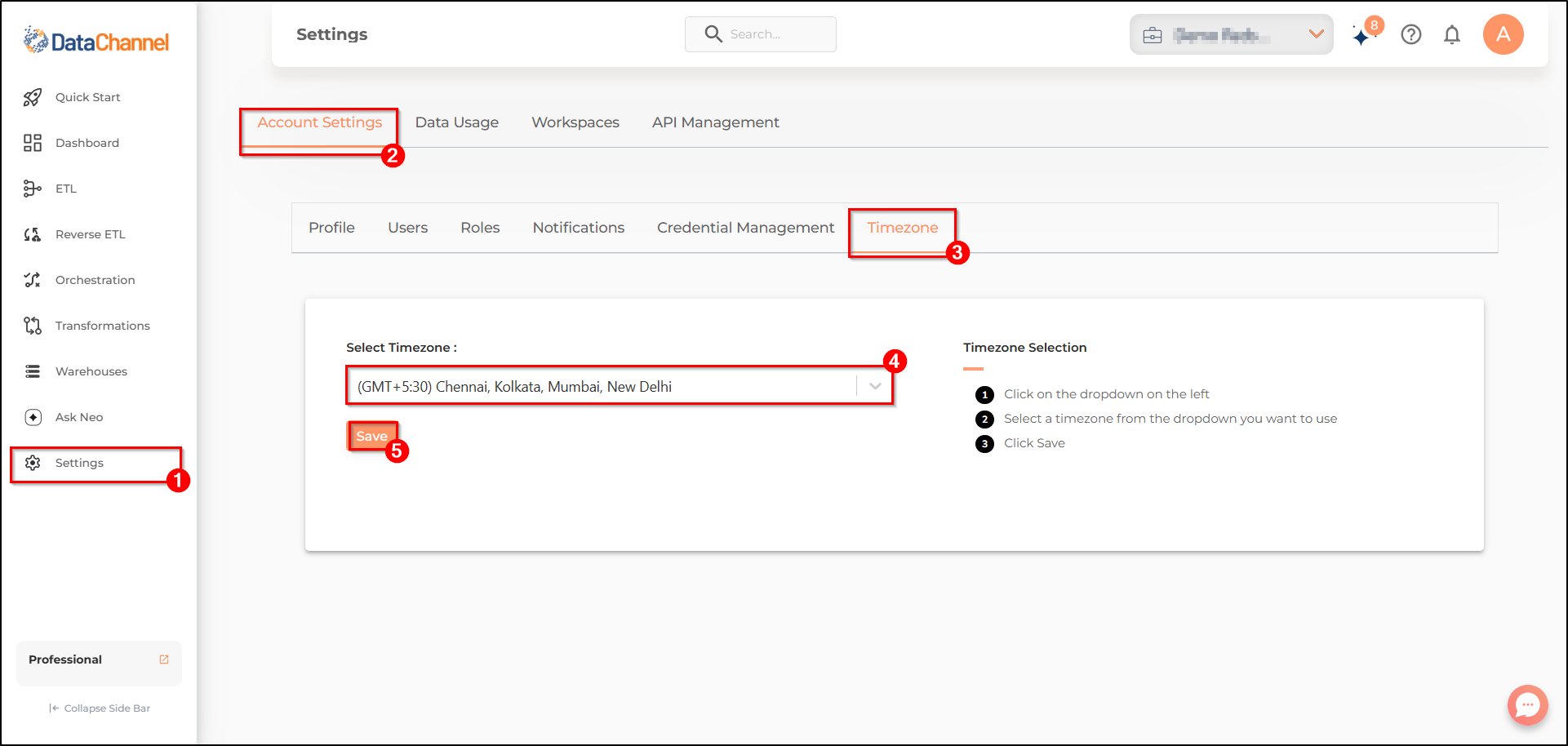 settings page account settings tab timezone