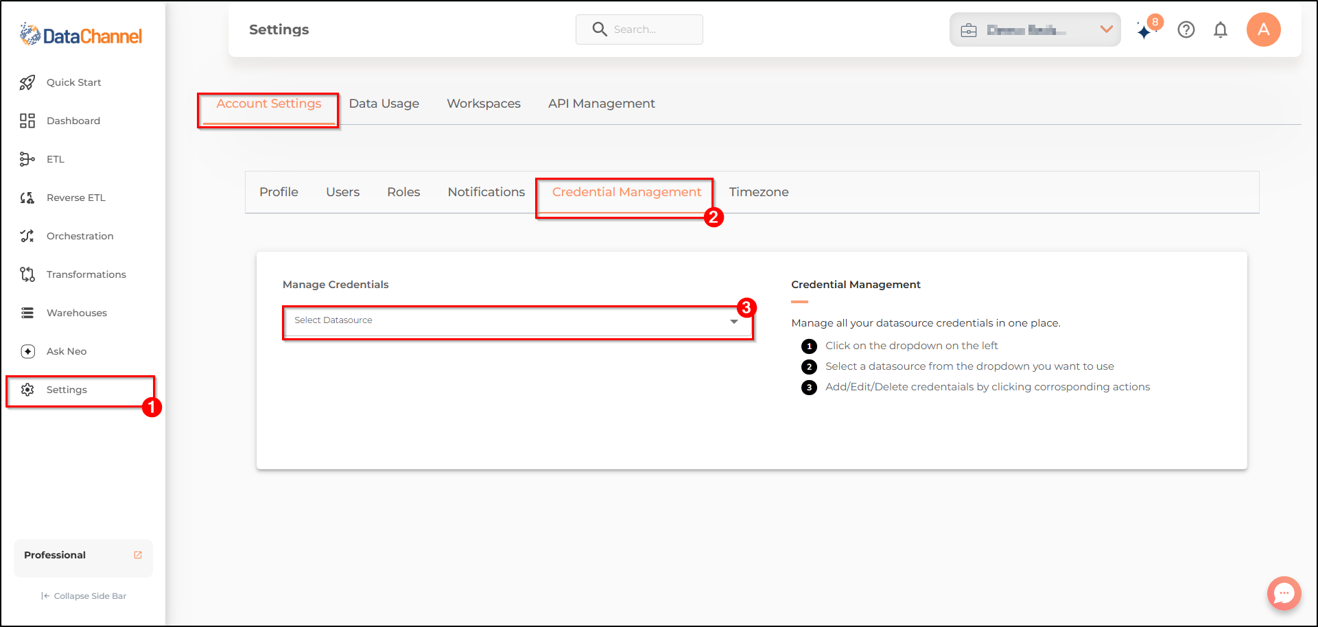 settings page credential management tab