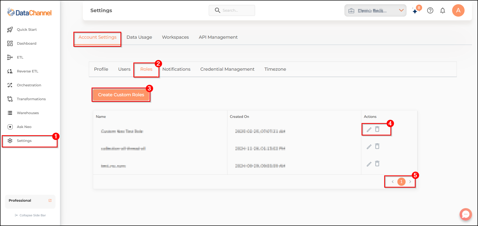 settings page custom roles tab