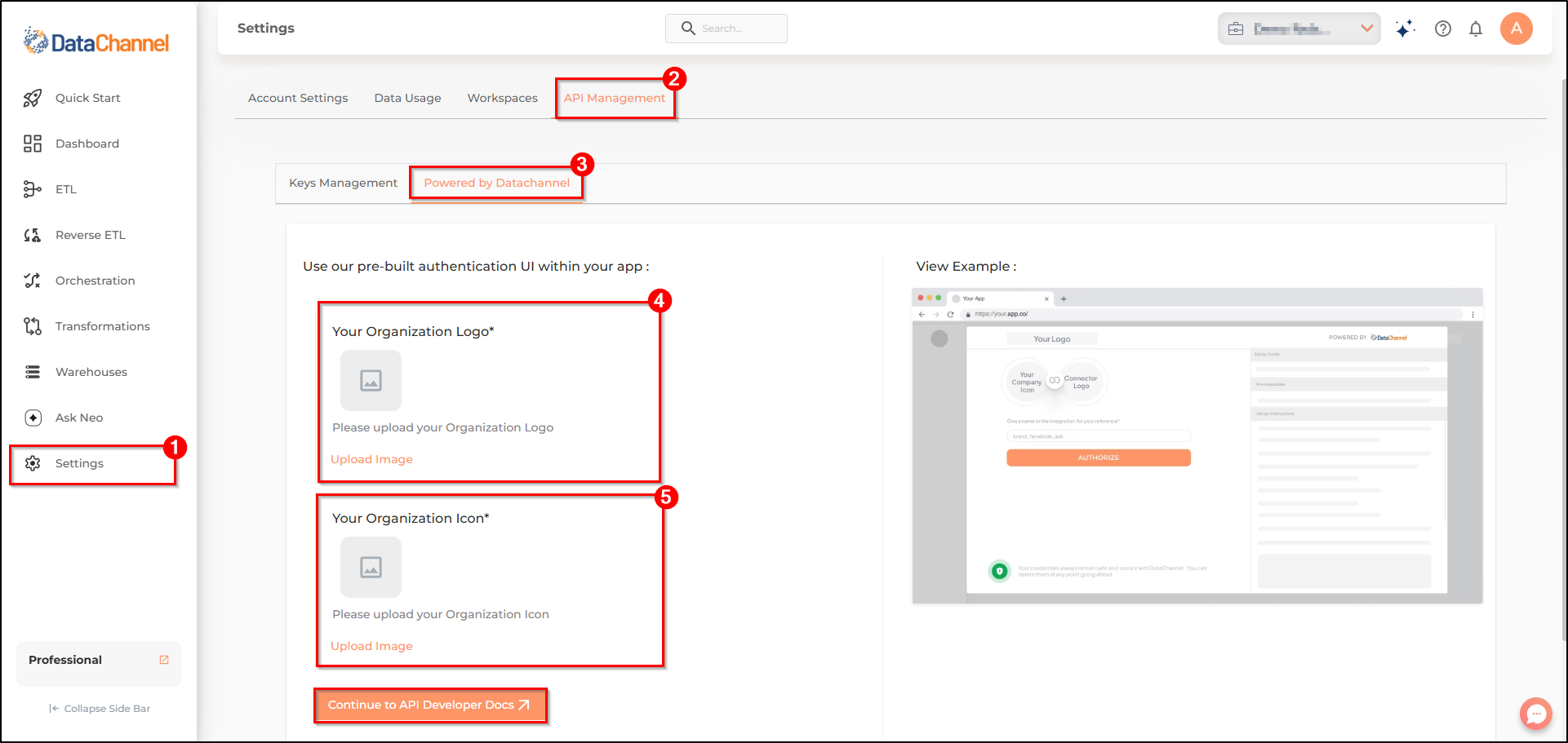 settings page datachannel authentication tab