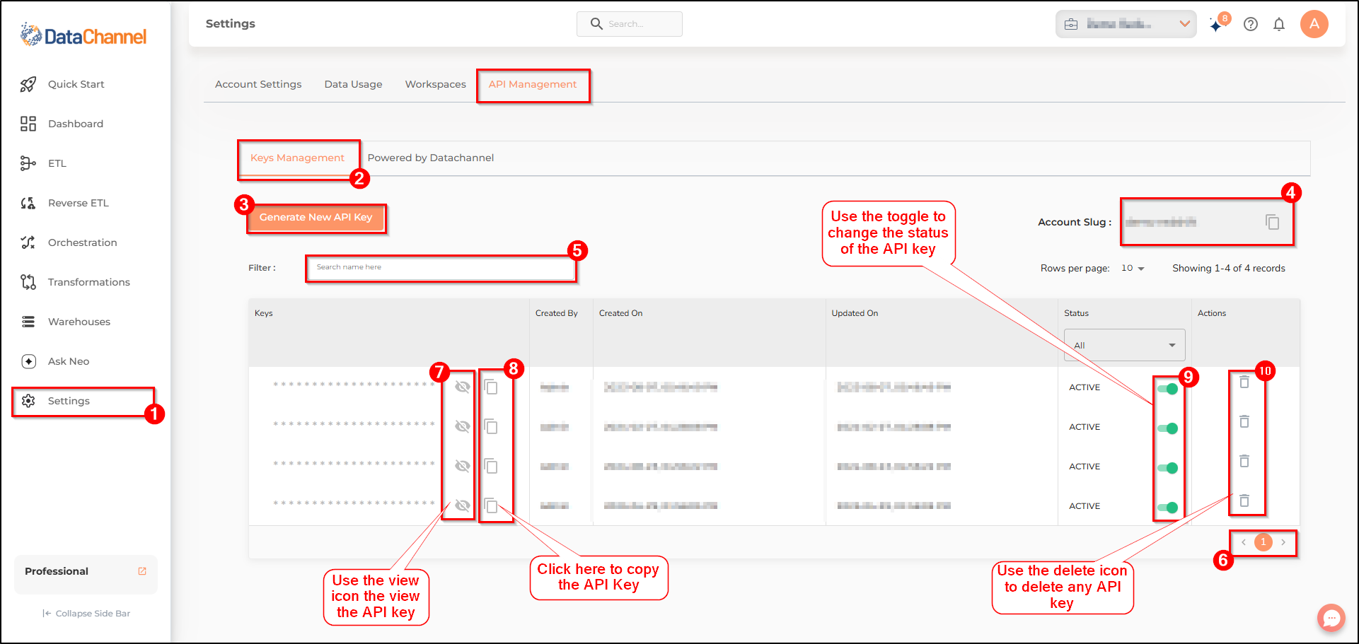 settings page key management tab
