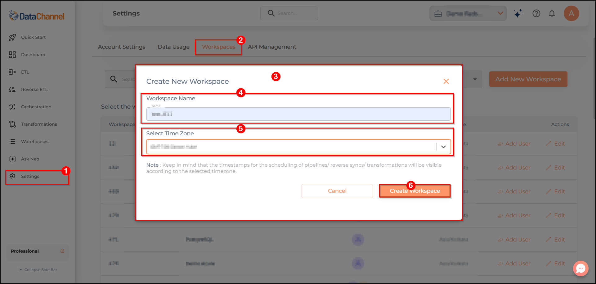 settings page new workspace tab