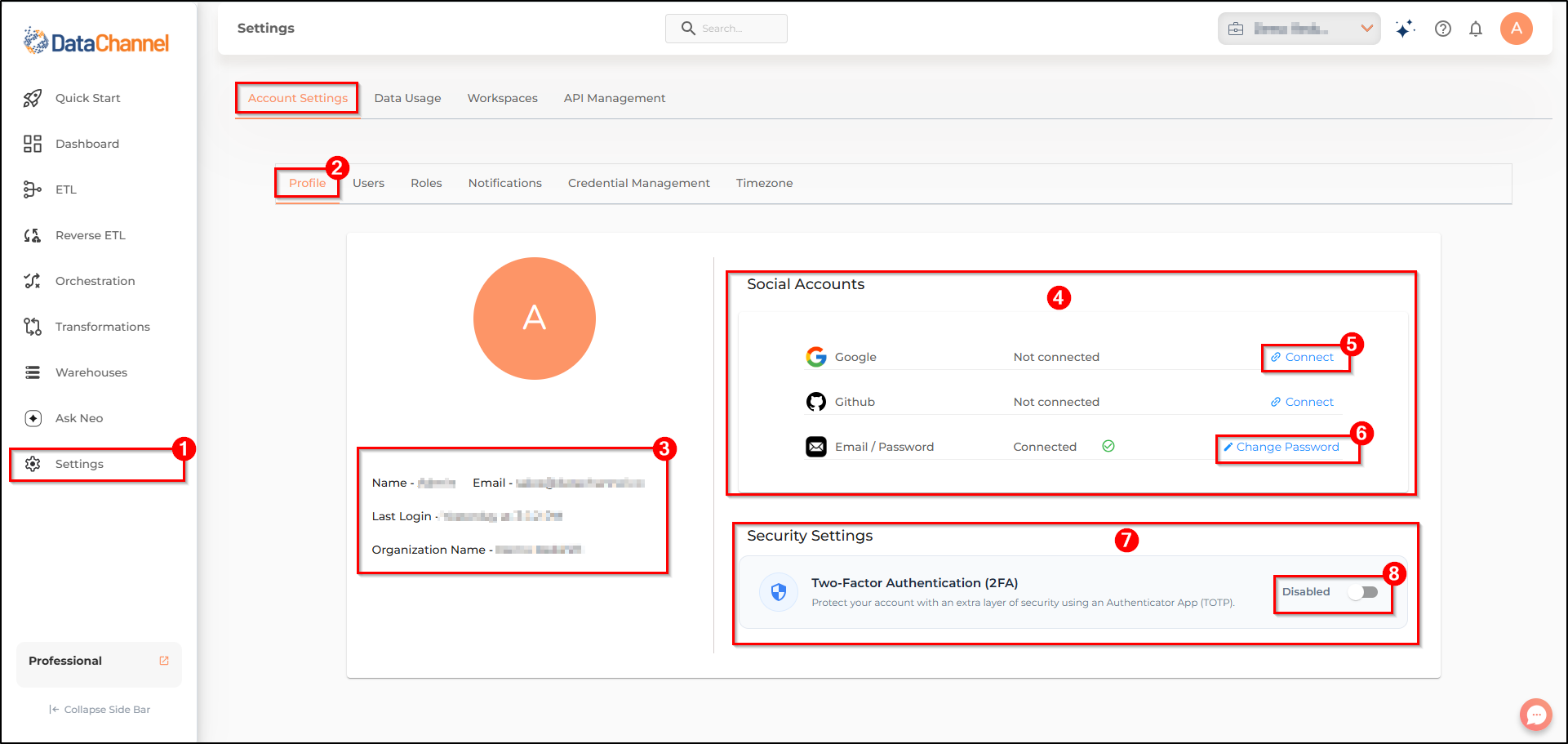 settings page profile tab