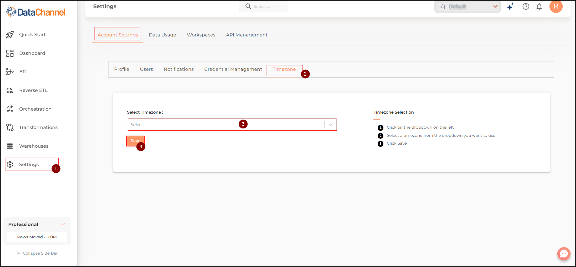 settings page timezone tab