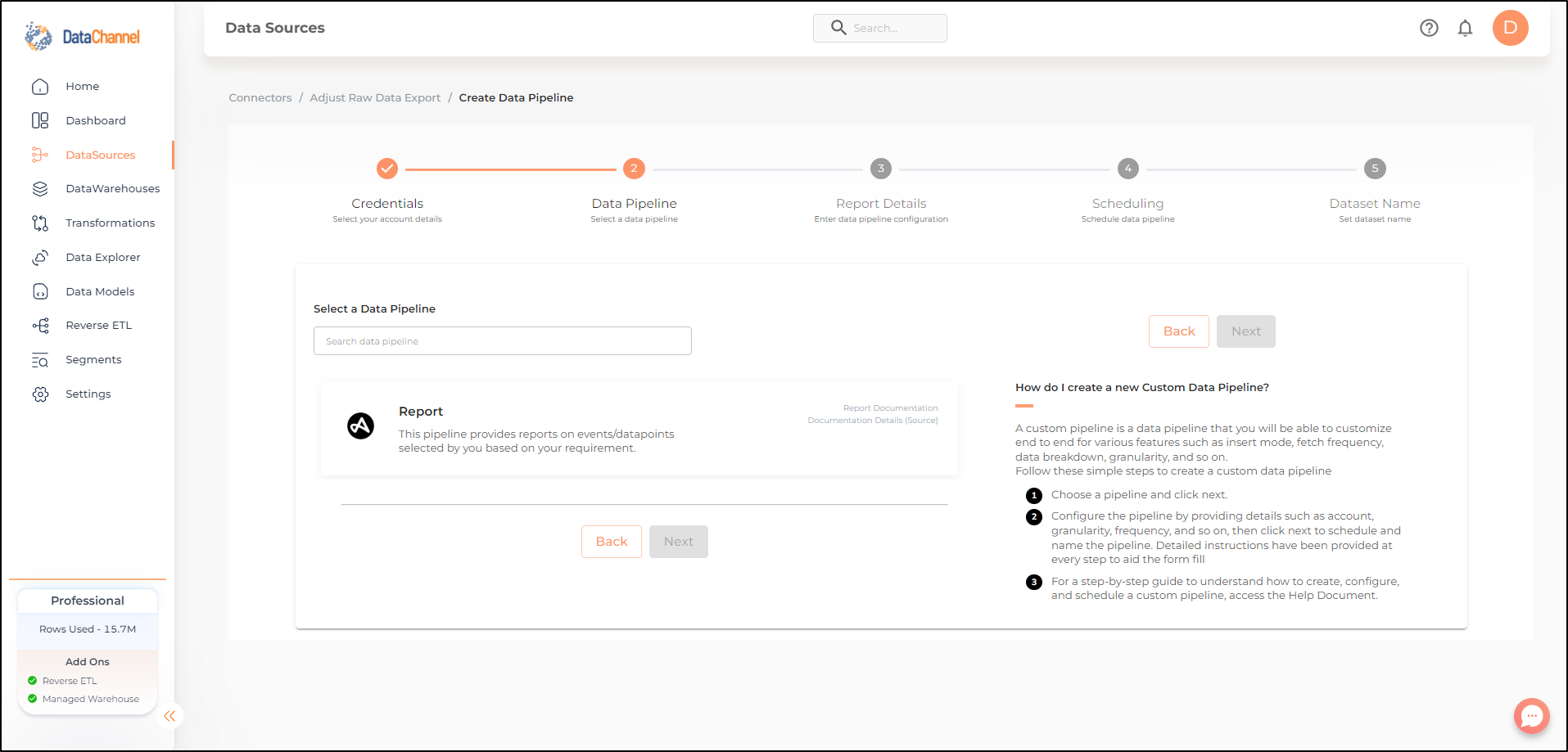 adjust raw data export pipelines list