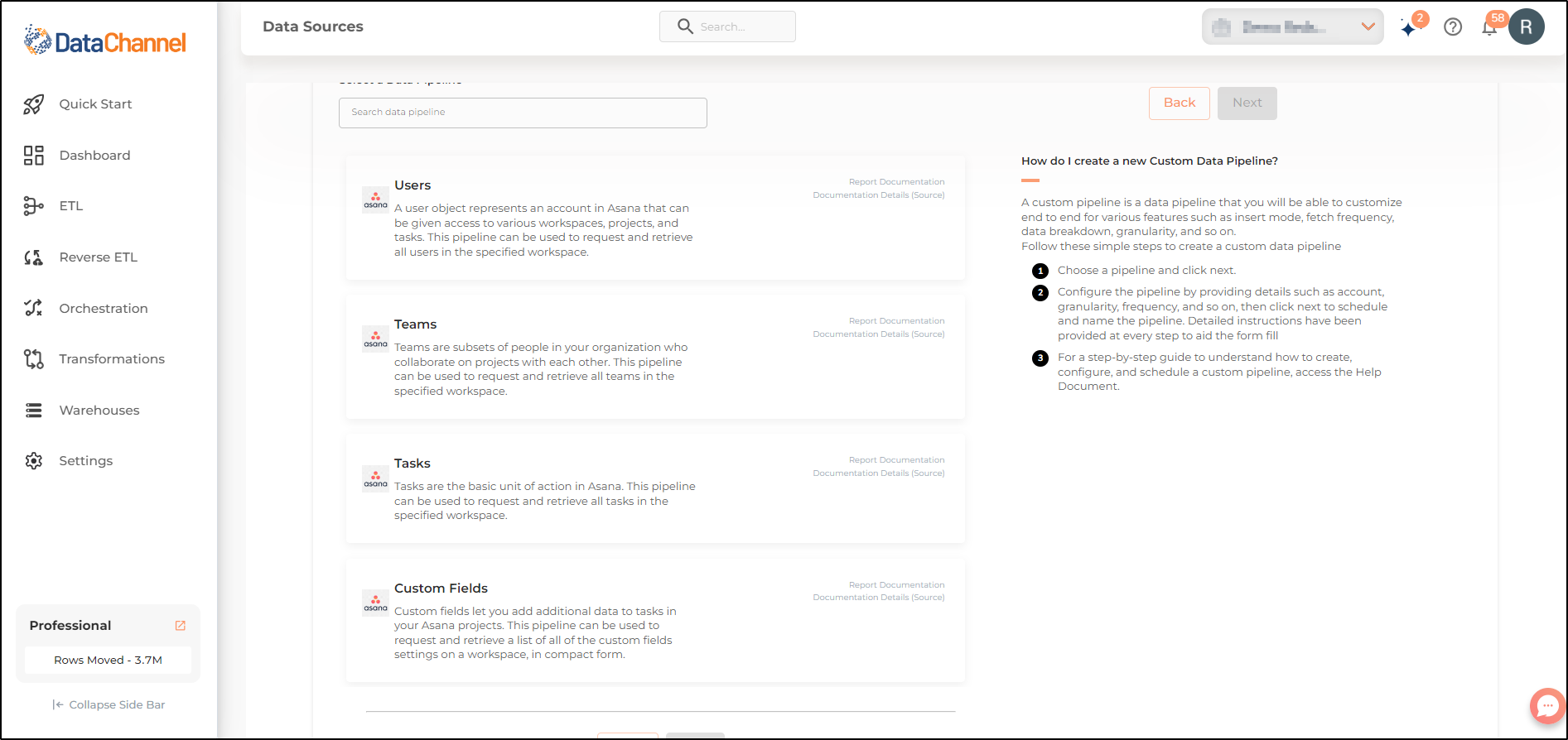 asana pipelines list