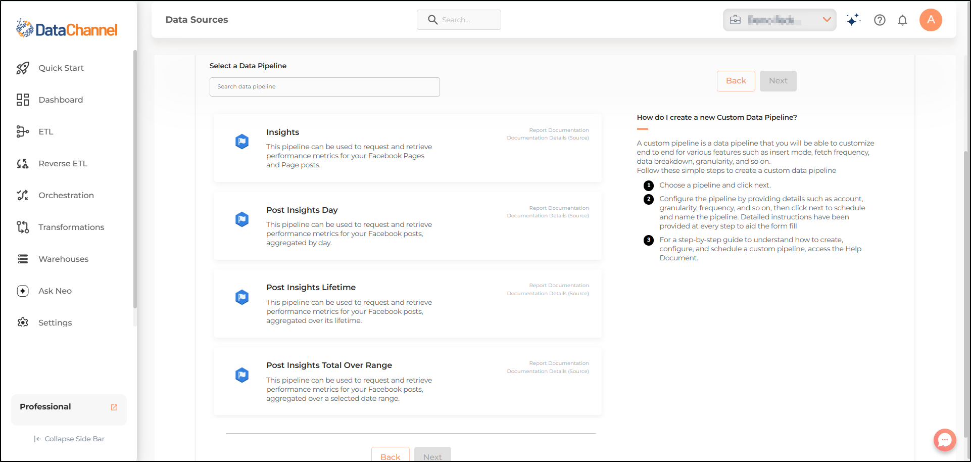facebook pages pipelines list