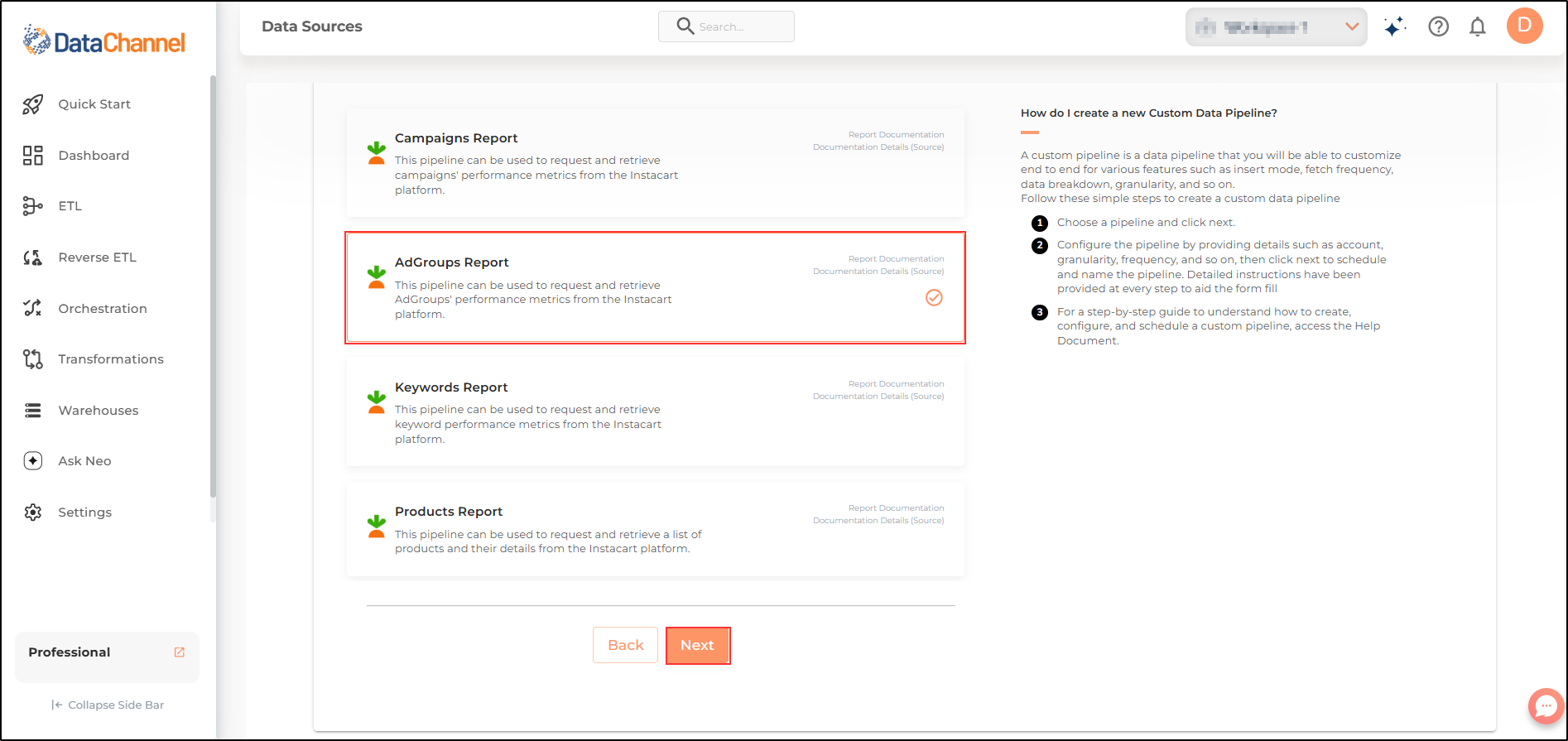 instacart adgroups report list