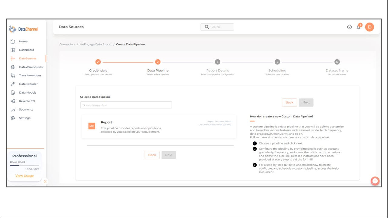 moengage data export pipelines list