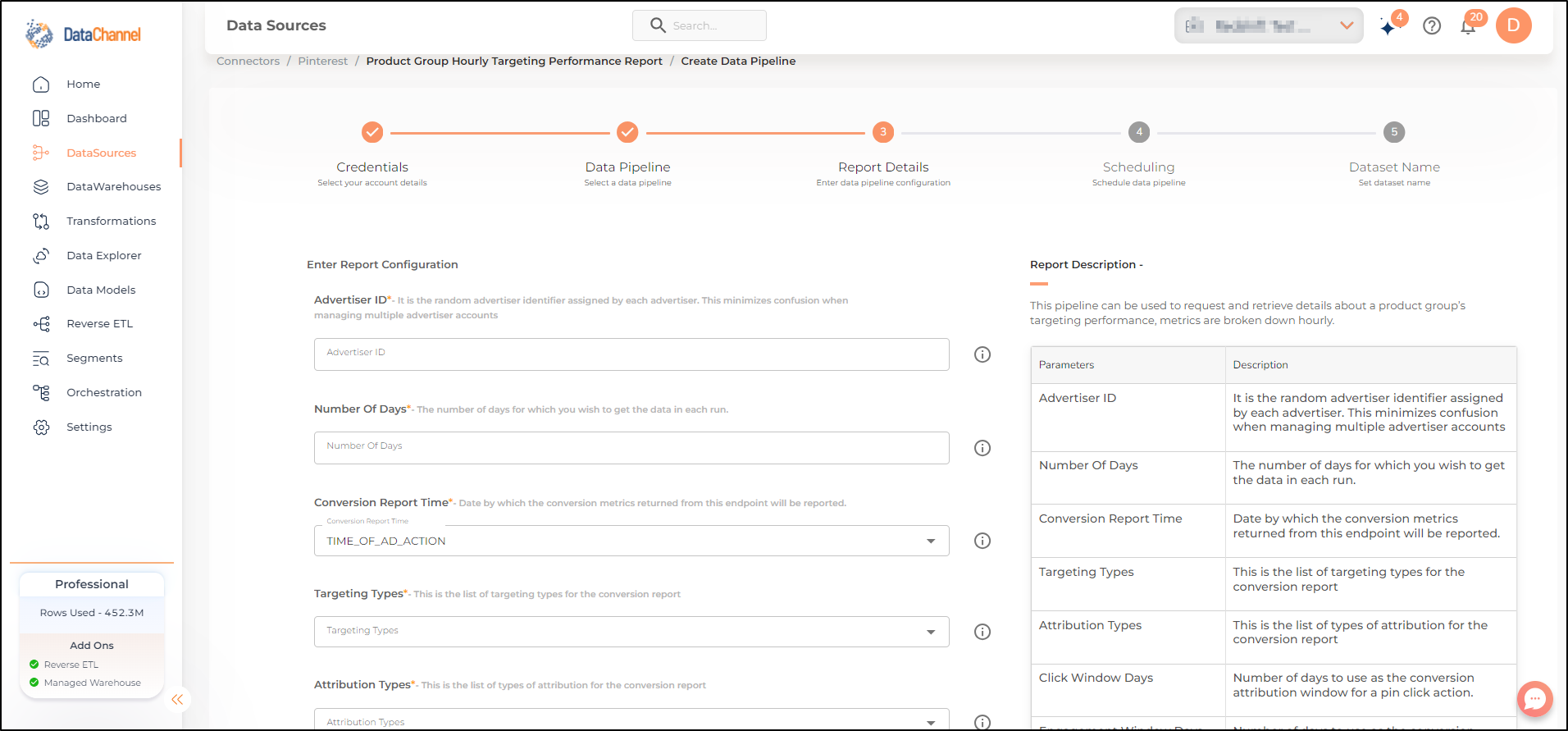 pinterest product group hourly targeting performance report config 1