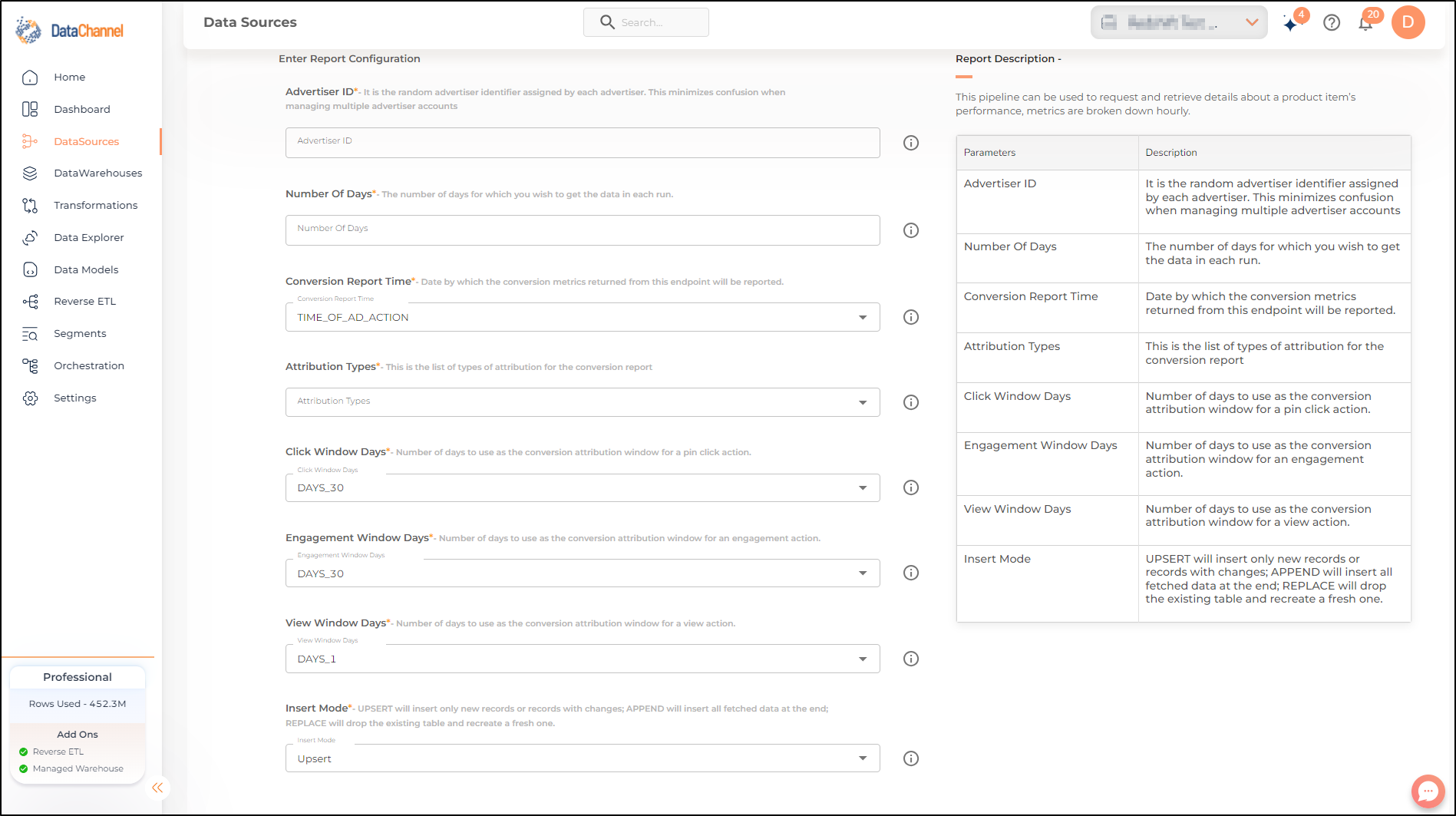 pinterest product item hourly performance report config