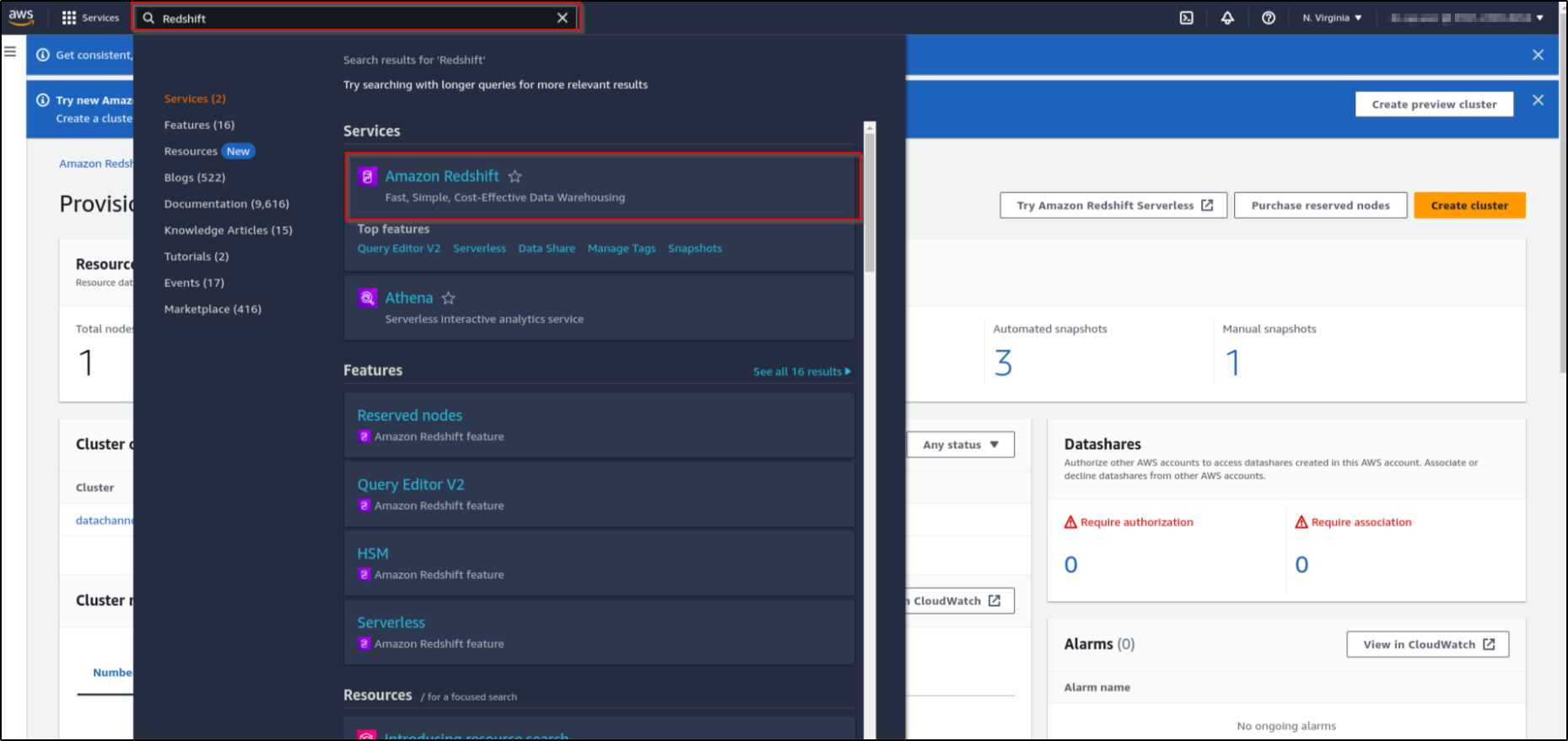 aws redshift search box