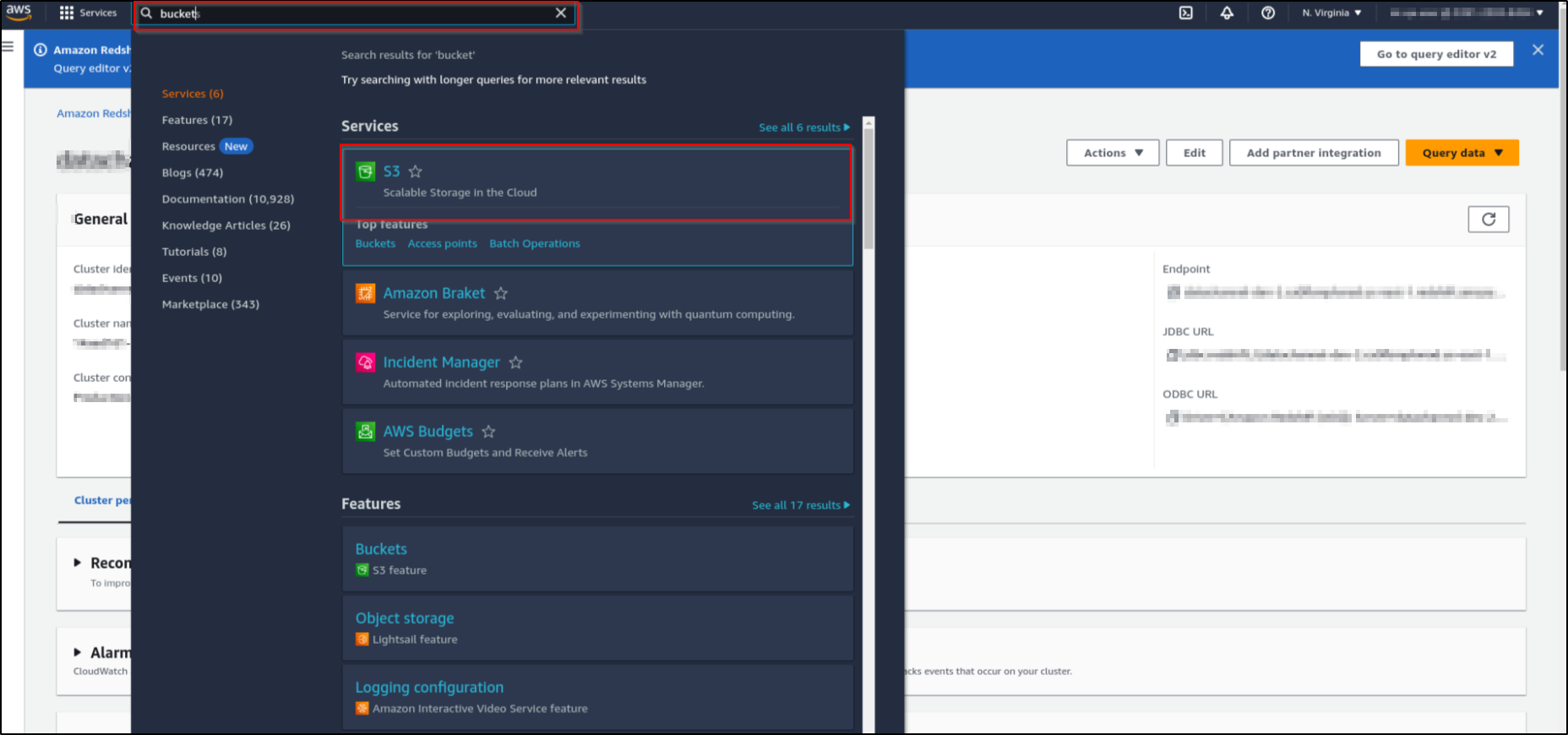 aws redshift search s3
