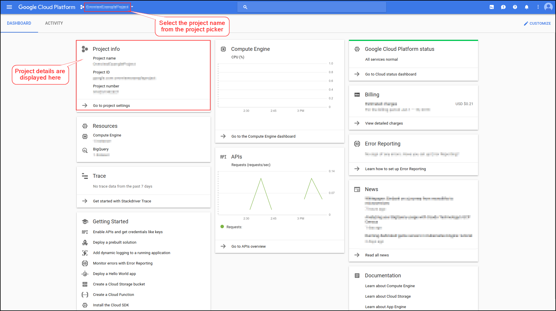 google cloud console dashboard