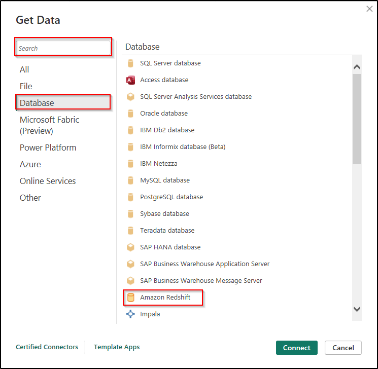 power bi database amazon redshift