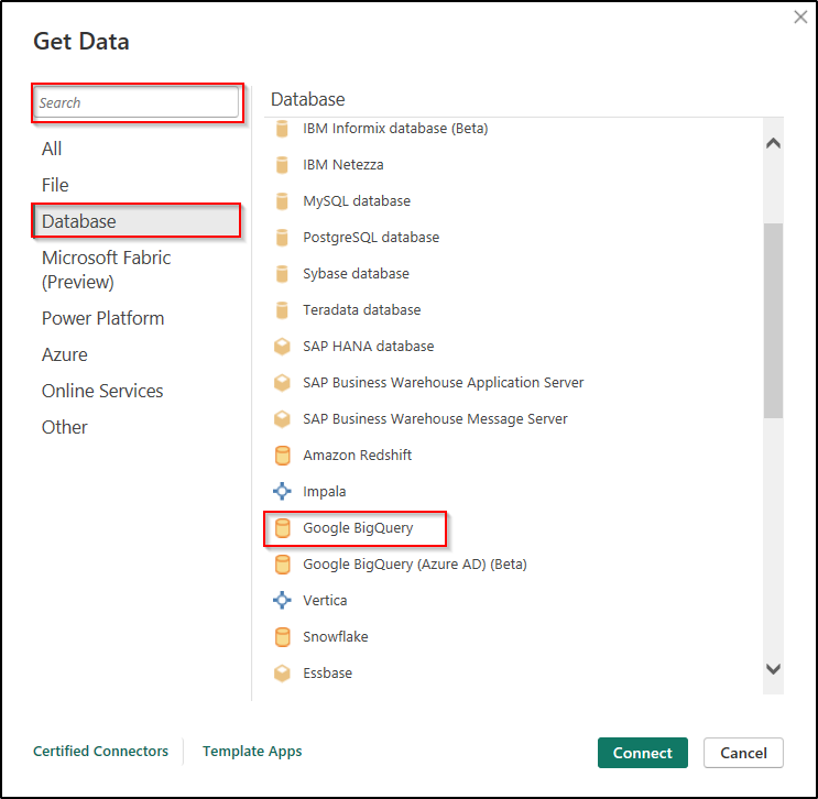 power bi database big query