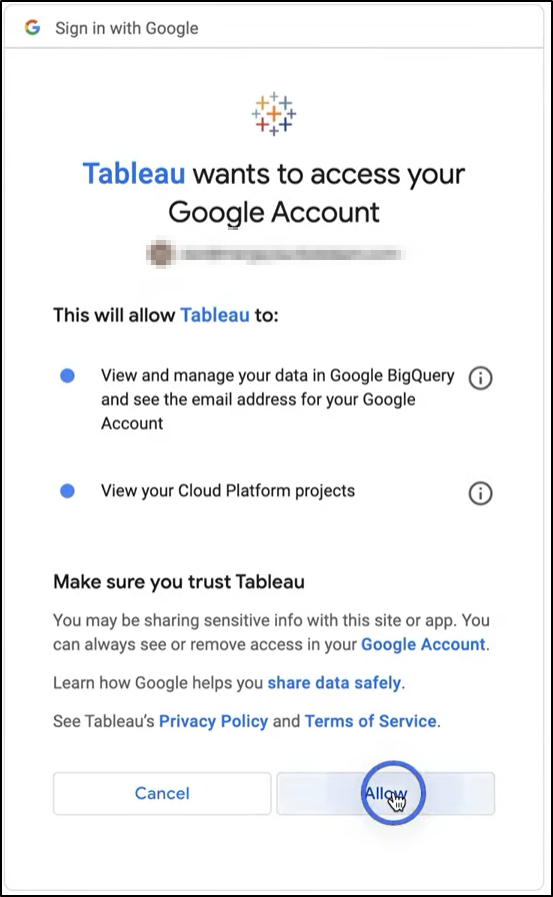 tableau big query allow