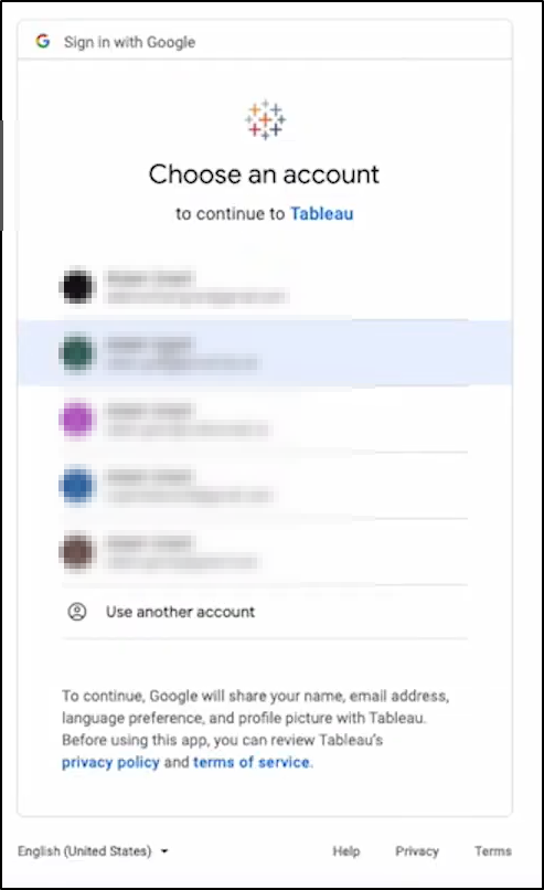 tableau big query choose account