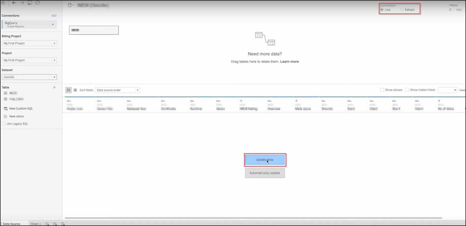 tableau big query update now