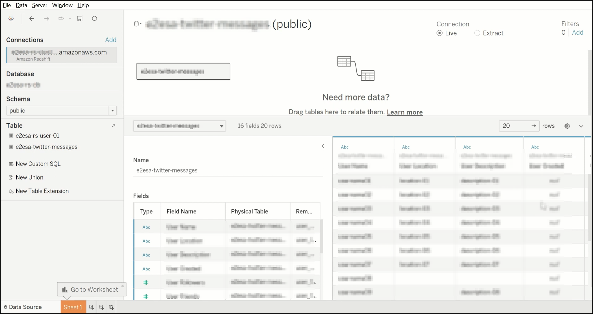 tableau redshift table fields